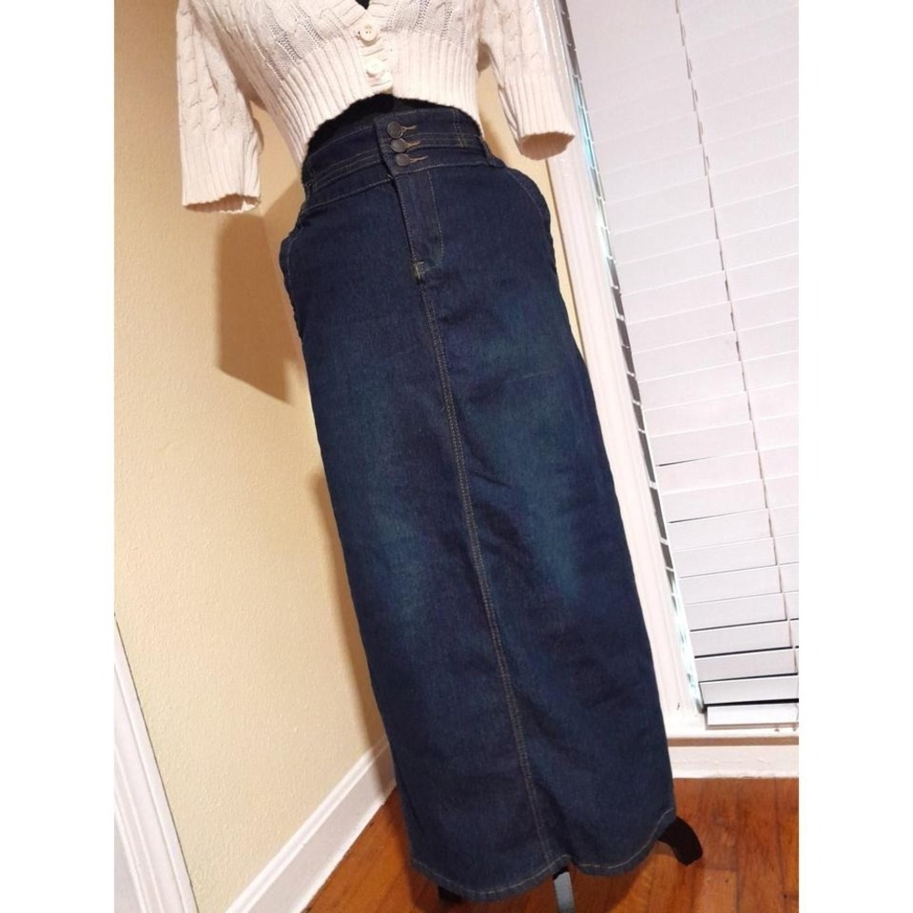 Y2k low rise 4 pocket stretchy denim maxi skirt juniors 9
